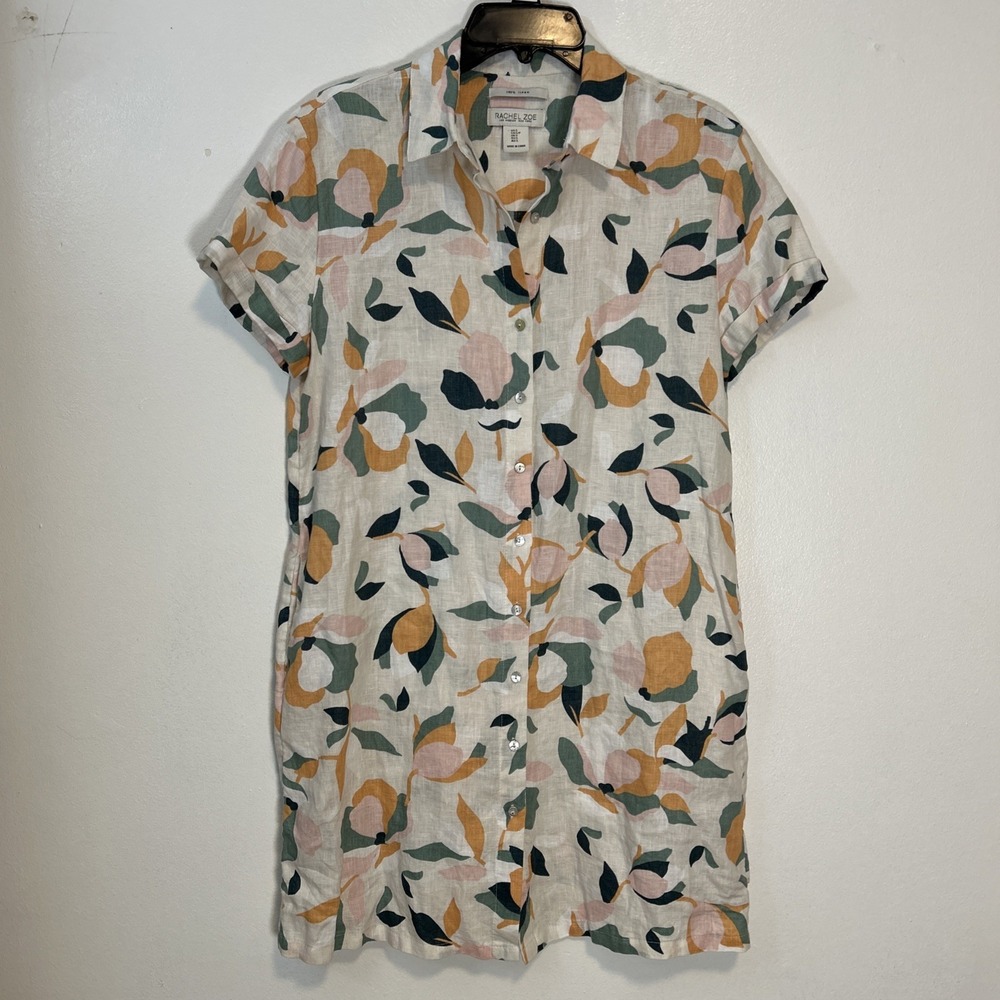 Rachael Zoe Women S 100% Linen Floral Button-Down‎ Short Sleeve Shift Dress 6375